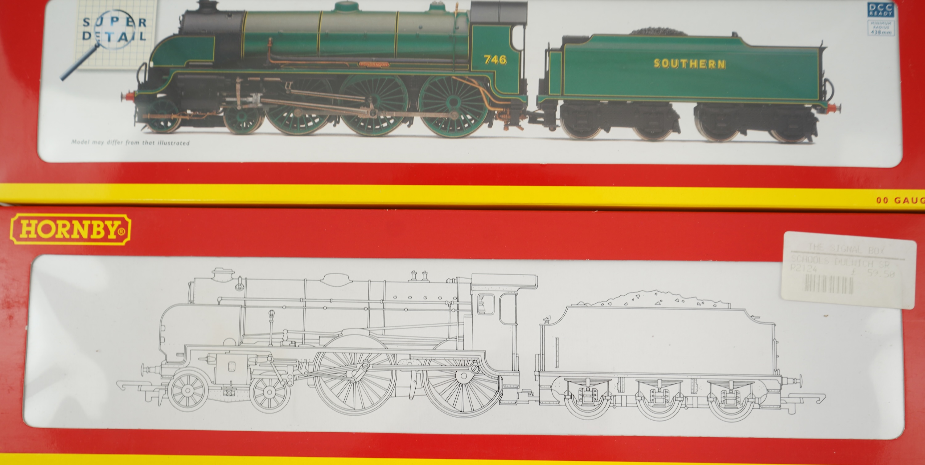 Two boxed Hornby Hobbies 00 gauge railway Southern Railway tender locomotives; a Schools Class, Dulwich 907, (R2124), together with a class N15, Pendragon 746, (R2620)